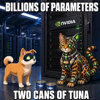 AGI AI NVDA NVIDIA meme: Billions of parameters. Two cans of tuna.