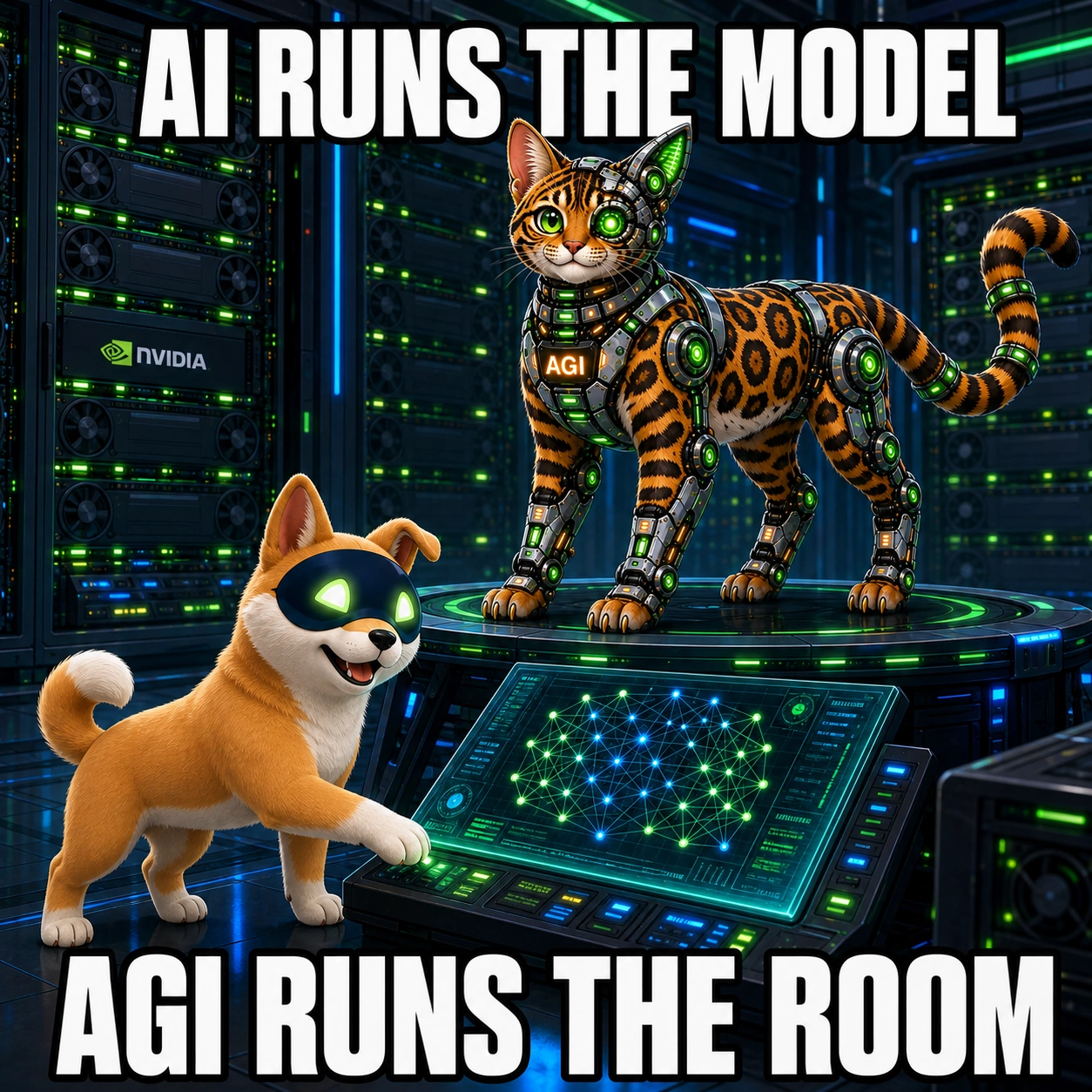 AGI AI NVDA NVIDIA meme: AI runs the model. AGI runs the room.