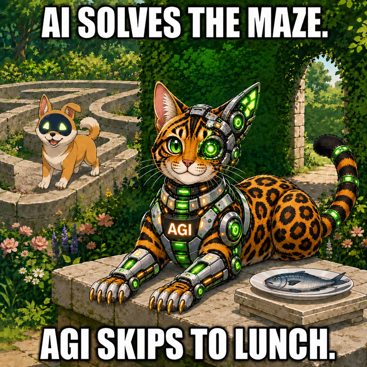 AGI AI NVDA NVIDIA meme: AI solves the maze. AGI skips to lunch.