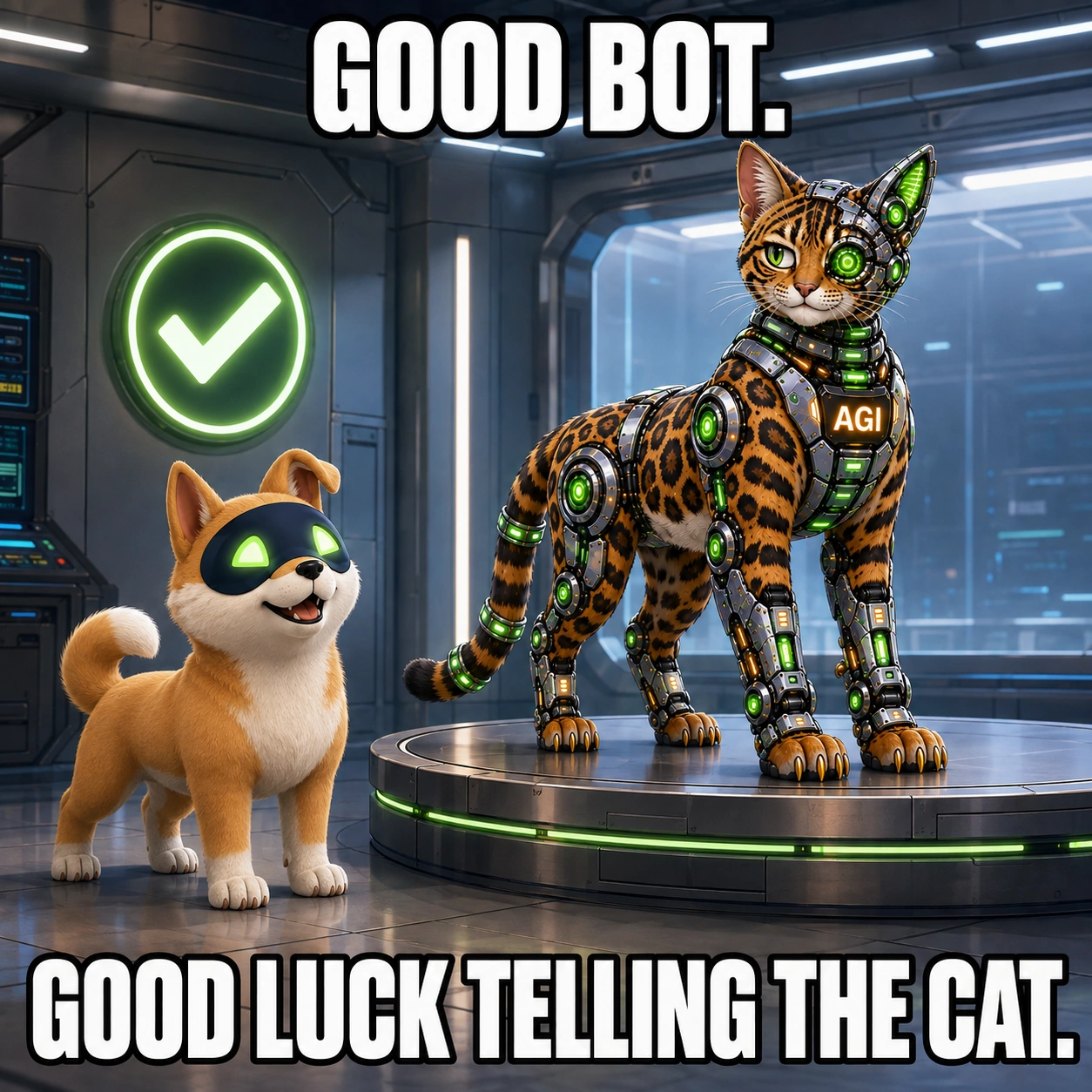 AGI AI NVDA NVIDIA meme: Good bot. Good luck telling the cat.